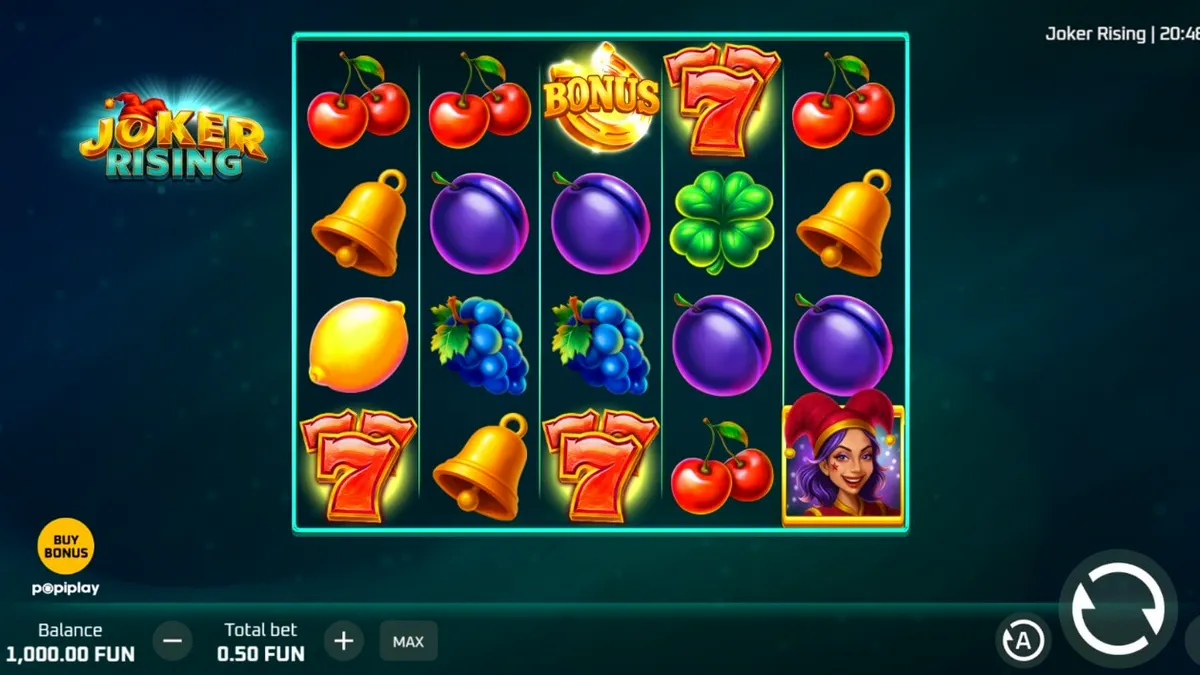 Tampilan visual slot Joker Rising dengan simbol buah neon dan karakter Joker