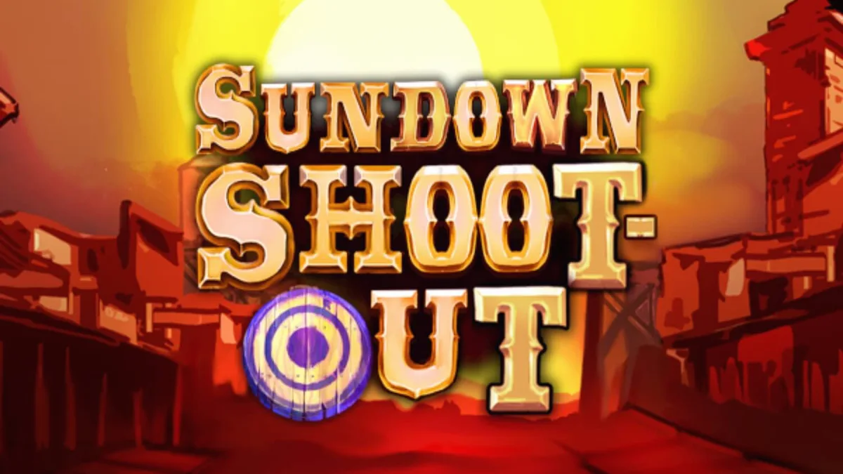 Tampilan visual slot Sundown Shootout dengan tema Wild West dan simbol revolver