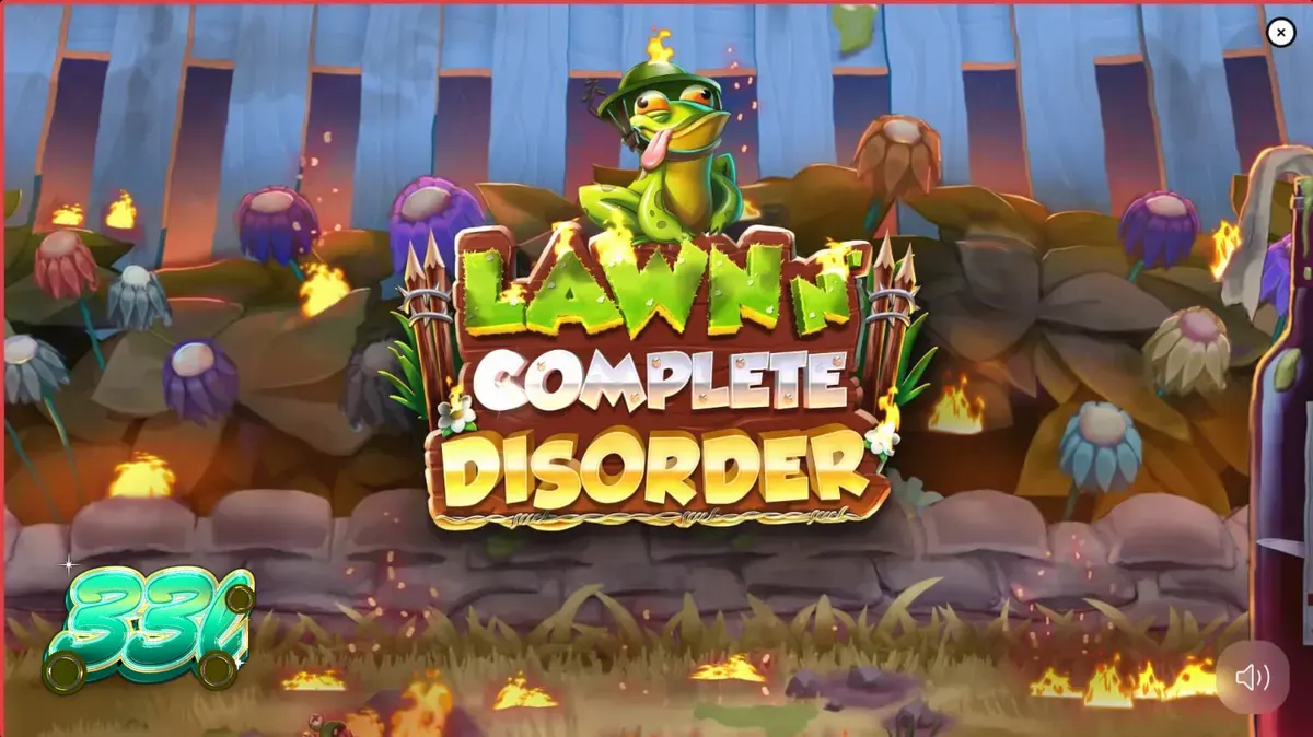 Tampilan visual slot Lawn N’ Complete Disorder dengan tema taman yang terbakar